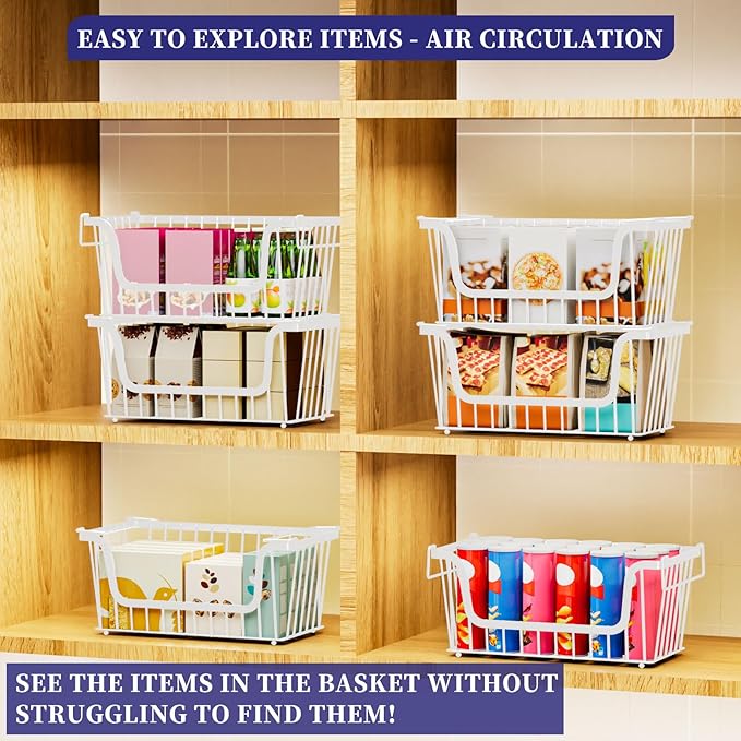 6 Pack Enhanced Leak-Proof Bottom Stackable Wire Baskets, Pantry Organizers and Storage, pantry storageï¼Shelf Baskets, Fruit Basket, Potato and Onion Storage Binsï¼(White)