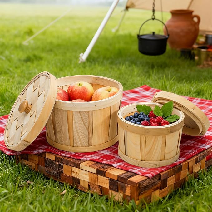 Lawei Set of 2 Round Woven Storage Baskets with Lids, Natural Woodchip Handmade Snack Fruit Organizer Bin for Kitchen, Small Wooden Decorative Box Empty Gift Containers for Shelf, Home, Bathroom Decor
