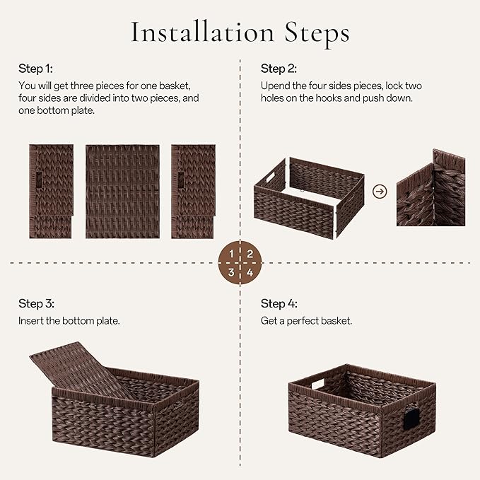 UBBCARE Storage Baskets with Label, Wicker Pantry Baskets for Shelves, Waterproof Woven Basket for Organizing, 2-Pack Plastic Rectangle Organizers with Handles, Dark Brown (10L×8H×4W)