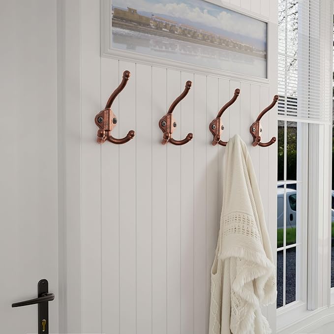 Dseap Cast Iron Wall Hooks L=5”, Heavy Duty Coat Hooks, Rustic Vintage Farmhouse Hook for Hanging Winter Coats Jackets Towels Hats Bags Plants, Antique Copper, Pack of 5 (GripBold)