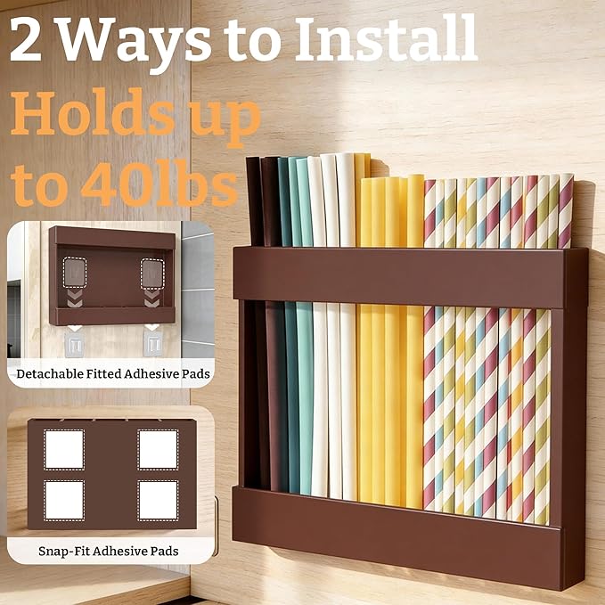9.5” Large Acrylic Straw Holder for Cabinet Door with Detachable Ultra Sticky Adhesive Squares and Stickers, 2026 Reusable Straws Organizer Storage Dispenser for Kitchen Counter Cupboard
