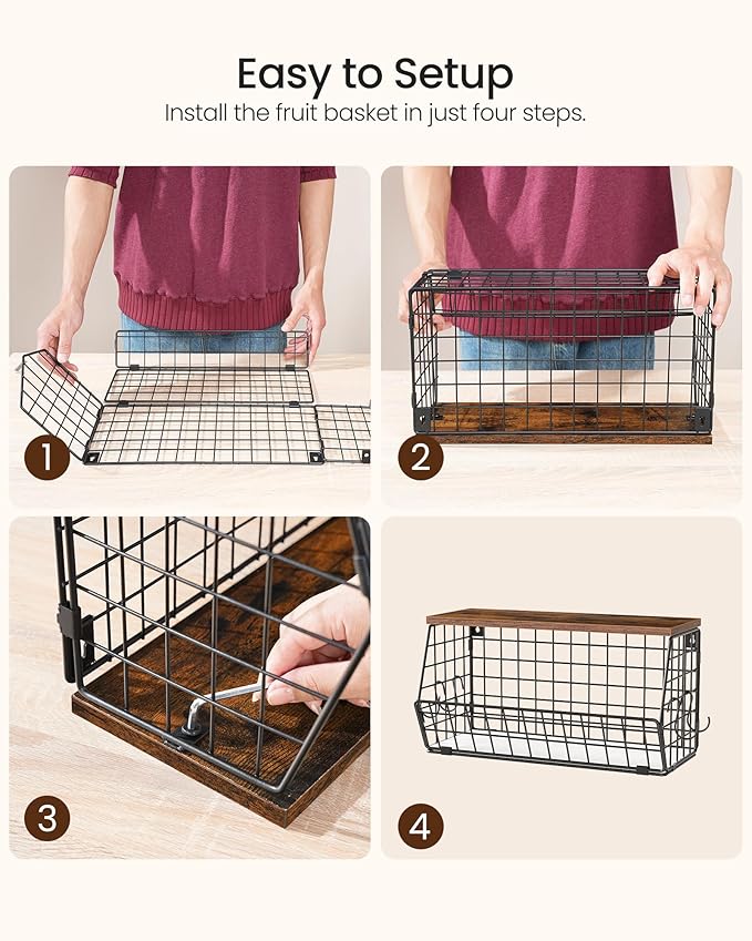2-Tier Fruit Basket for Kitchen, Stackable wire basket with Wooden Lid, Hanging Basket with 4 Banana Hanger Hooks, for Snack, Fruit, Vegetable Storage, Rustic Brown and Black TCW04P2BF