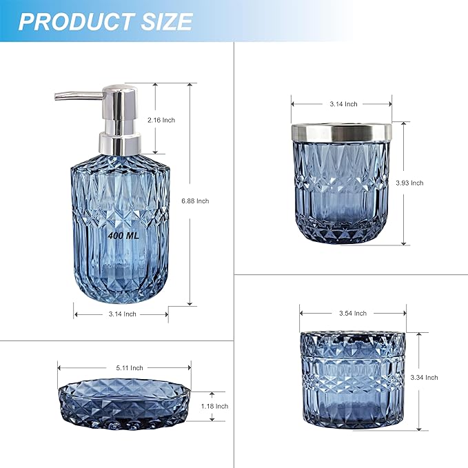 Blue Bathroom Accessories Set, 4Pcs Clear Glass Bathroom Decor Set, Lotion Soap Dispenser, Toothbrush Holder, Qtips Holder, Soap Dish for Crystal Modern Bath Decor, Gift Set