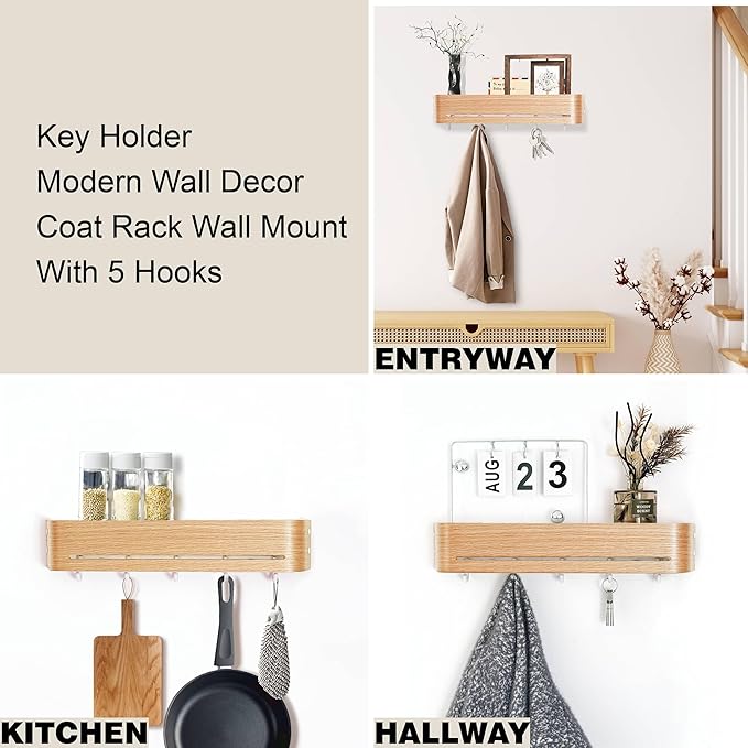 Modern Key Holder Wall Mount with 5 Retractable Hidden Hooks, Heavy Duty Coat Rack Wall Mount, Finland-Designed Entryway Organizer, 17 inch, for Entryway, Living Room, Kitchen, Hallway,Oak