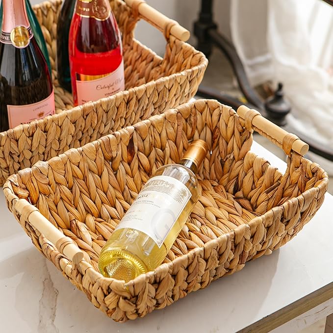 Woven Storage Baskets â Set of 2 Handwoven Water Hyacinth Wicker Baskets with Wooden Handles for Organizing, Decorative Baskets for Laundry Room, Home Decor - Large & Medium