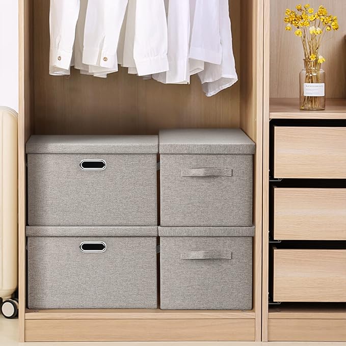 Large Quart Collapsible Stackable Storage Bins with Lids, 3 Packs Beige Linen Fabric Closet Boxes with Lids, Storage Cube Baskets Container Organizers for Bedroom Office(16.6 x 11.7 x 10.8)