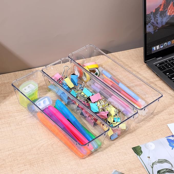 12 Pack Clear Drawer Organizers, Clear Organizer Bins for Drawers, Drawer Organizer Bins - 9 x 3 x 2.2 Inches PET Plastic Storage Trays for Kitchen, Bathroom, Office & Vanity