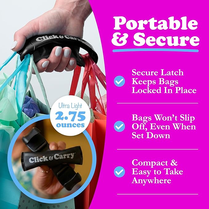 Click & Carry Grocery Bag Carrier Handle - Carry More in Fewer Trips, 100lb Capacity, Hands-Free, Gel-Padded Ergonomic Design, Shopping & Grocery Bag Holder - As Seen On Shark Tank, Black, 1 Pack