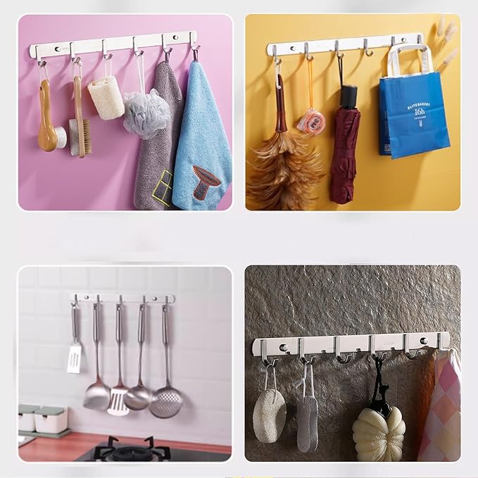 Coat Rack Wall Mounted - 6 Hooks, 304 Stainless Steel, Metal Coat Hook Rail for Coat Hat Towel Purse Robes Mudroom Bathroom Kitchen Entryway (Silver, 2 Packs)