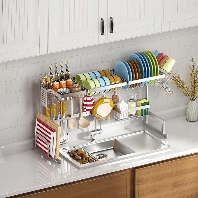 PUSDON Over Sink Dish Drying Rack Stainless Steel, Adjustable Large Dish Drainer for Storage Kitchen Organization Silver 2 Tier - Standard(26"-38")