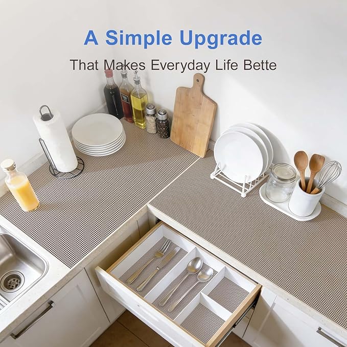 Shelf Liner Non Adhesive Cabinet and Drawer Liner,Upgrade Durable Folded Slip Great Grip Liners for Kitchen Cabinets, Storage, Desks, Dresser, 11.8 in x 9.8 ft, Wheat