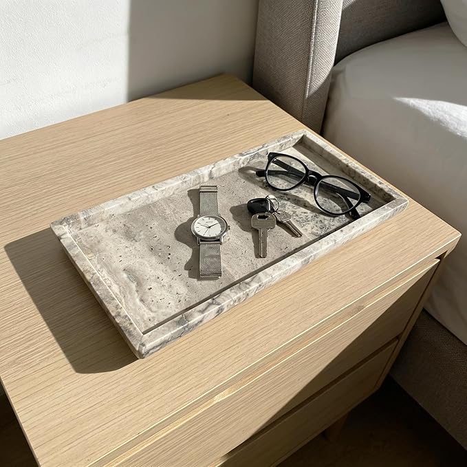 Natural Travertine Marble Vanity Bathroom Tray, 12 x 6 Inch Elegant Home Decor Tray for Kitchen,Bathroom,Dresser, Coffee Table,Sink Storage Holder Organizer, Gray Travertine (NS052)