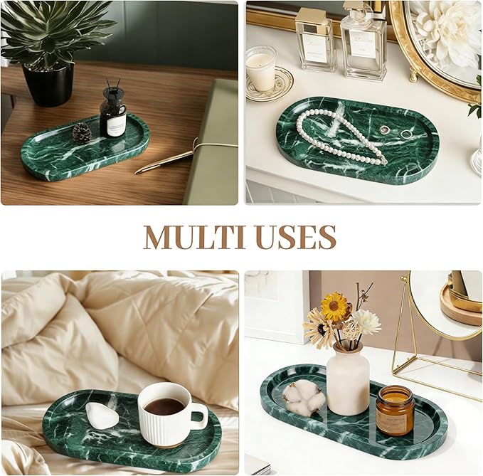 Natural Marble Tray, Green Stone Tray, Vanity Decorative Tray for Countertop, Catchall for Perfume, Candles, Skincare, Jewelry Dish, Bathroom Tray, Hotel Supplies