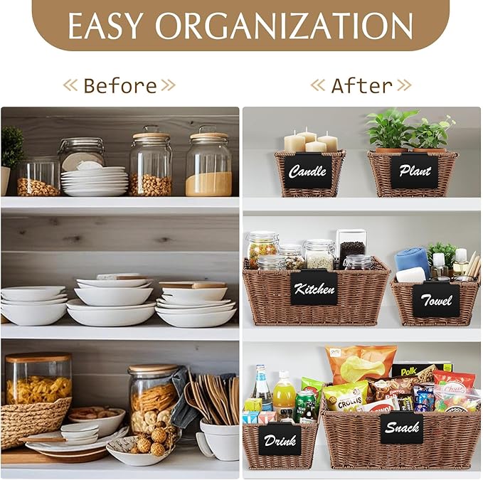 Marsui 6 Pcs Wicker Storage Baskets with Labels Handwoven Multi-size Brown Wicker Storage Bins for Organizing Small Baskets Container for Shelves Closet Pantry Toilet(Brown )