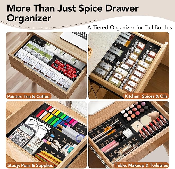 Spice Rack, Expandable Spice Drawer Organizer (11"-22"), Sturdy & Vented Plastic Seasoning Storage with Labels & Funnel, Drawer Organization for Kitchen, Office, Cosmetic (Jars Not Included)