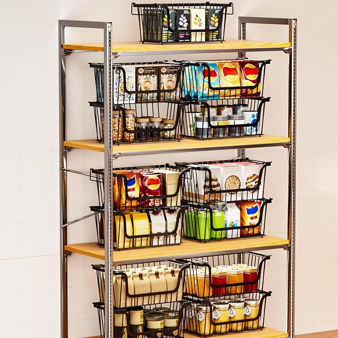 5 Pack Enhanced Leak-Proof Bottom Stackable Wire Baskets, Pantry Organizers and Storage, pantry storage,Shelf Baskets, Fruit Basket, Potato and Onion Storage Bins,(Black)