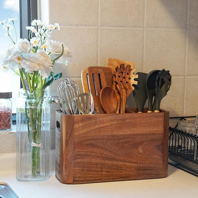 Large Acacia Wood Utensil Holder with 3 Compartments for Kitchen Counter, Extra Large Farmhouse Wooden Utensil Organizer for Cooking Tools and Silverware