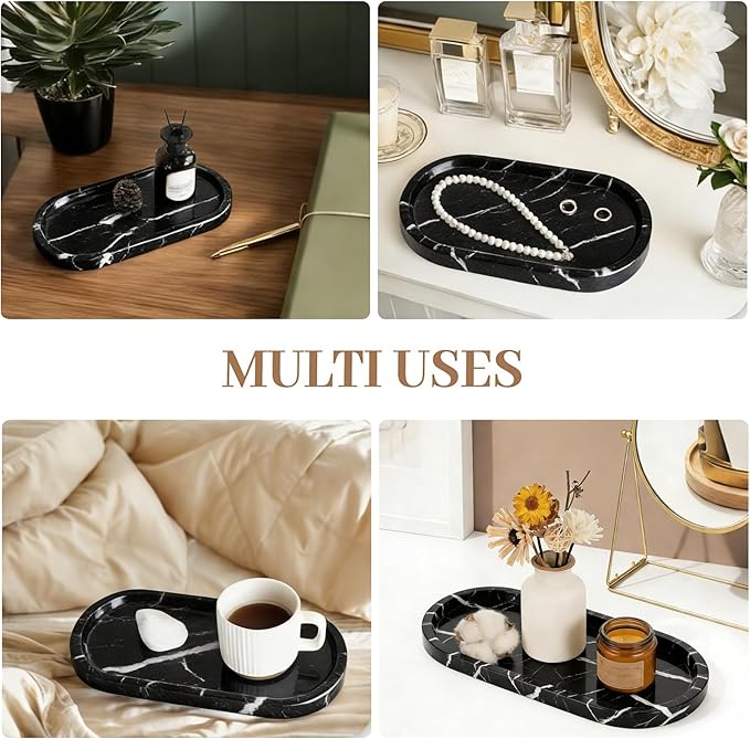 Natural Marble Tray, Black Stone Tray, Vanity Decorative Tray for Countertop, Catchall for Perfume, Candles, Skincare, Jewelry Dish, Bathroom Tray, Hotel Supplies