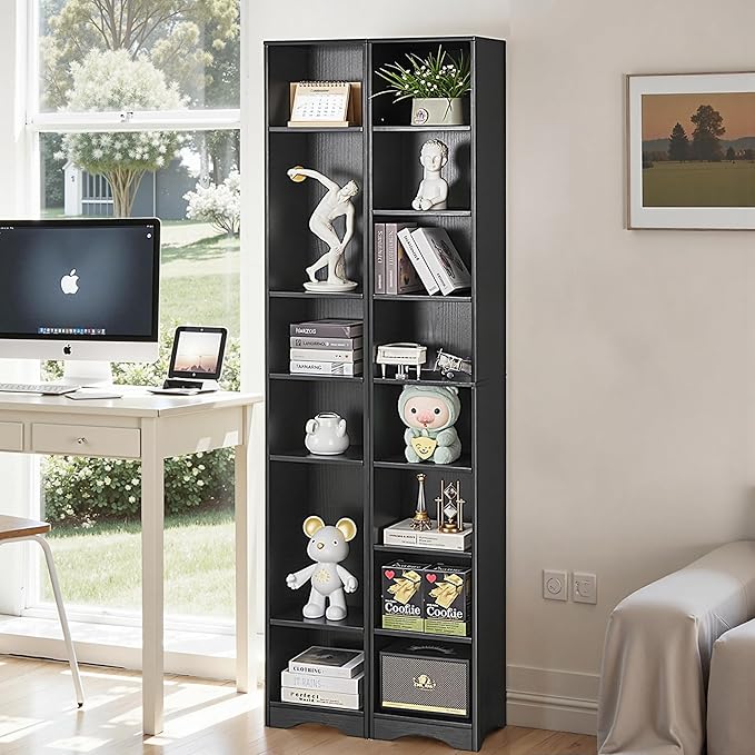 VECELO Narrow Tall 71 inch Adjustable Bookshelf - Customizable Shelf Heights, Elevated Dust/Moisture-Proof Base, Rustic Wood Display Shelf for Living Room Bedroom Small Spaces-Black
