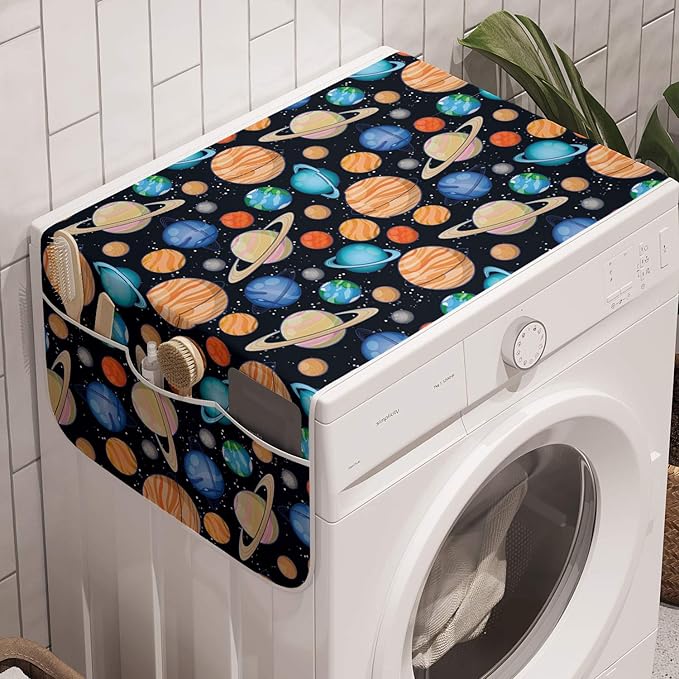 Ambesonne Galaxy Washing Machine Organizer, Galaxy Space Art Solar System Planets Mars Mercury Uranus Jupiter Venus Kids Print, Anti-slip Fabric Top Cover for Washer Dryer, 47" x 18.5", Salmon Blue