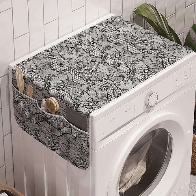 Ambesonne Floral Washing Machine Organizer, Lace Gothic Pattern with Flower Effect and Leaves Ornamental Antique Feminine Design, Anti-slip Fabric Top Cover for Washer Dryer, 47" x 18.5", Black Grey