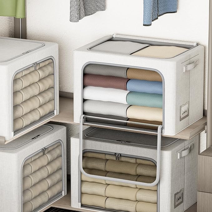 4 Pack Clothes Storage Bins with Metal Frame - 66L Stackable Storage Box with Lid,Foldable Storage Container Organizer for Clothes,Linen Fabric Storage Box with Clear Window&Zippers&Handles