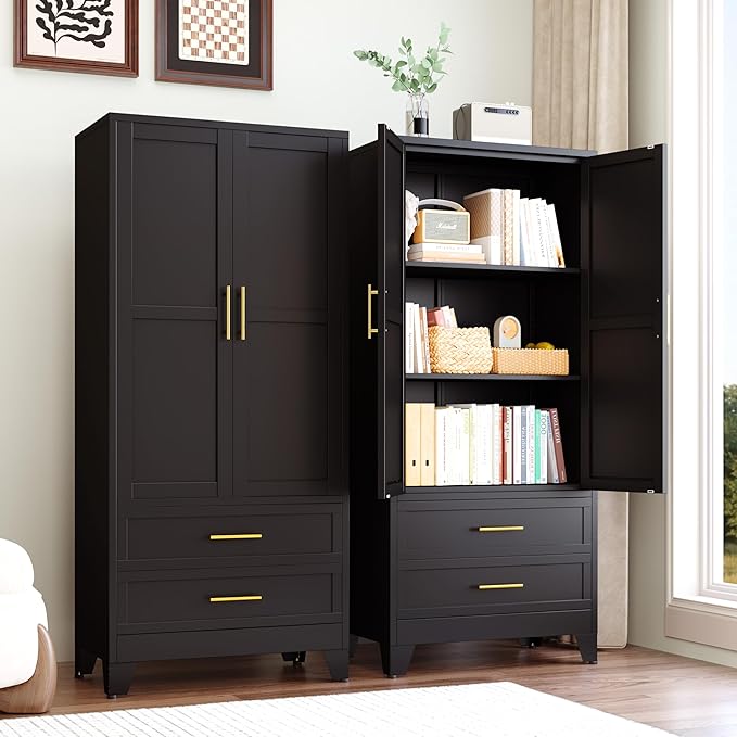 71" Tall Metal Pantry Storage Cabinet, Steel Storage Cabinets with 2 Doors, 2 Adjustable Shelf and 2 Drawers, Used as Kitchen Cabinet, Freestanding Cupboard for Kitchen, Office, Home (Black)