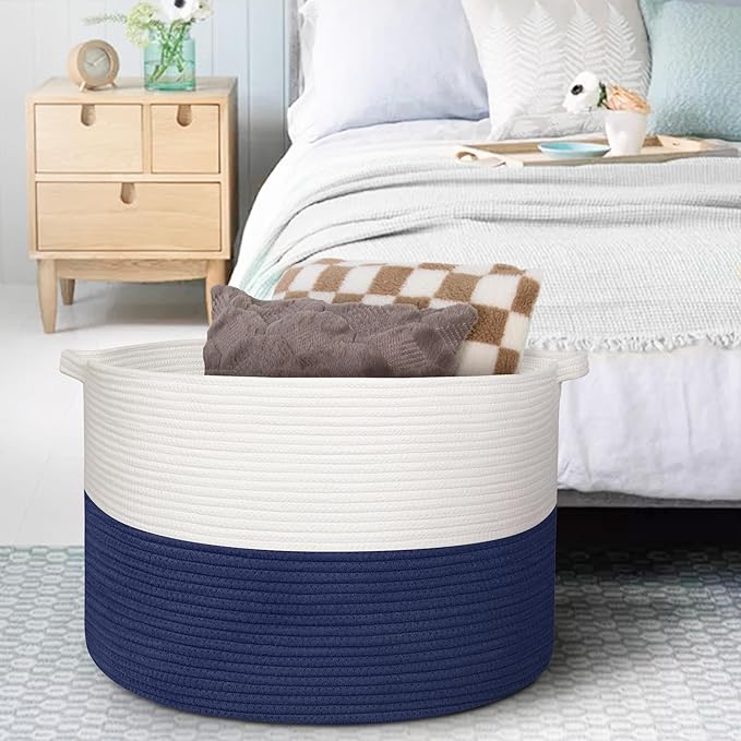 115L Super Large Blanket Basket, Storage Bin Box, Oversized Organizer, Cotton Rope Woven Bin, XXXL Jumbo Basket for Blankets for Living Room, 23.6"x15.7", Dark Blue