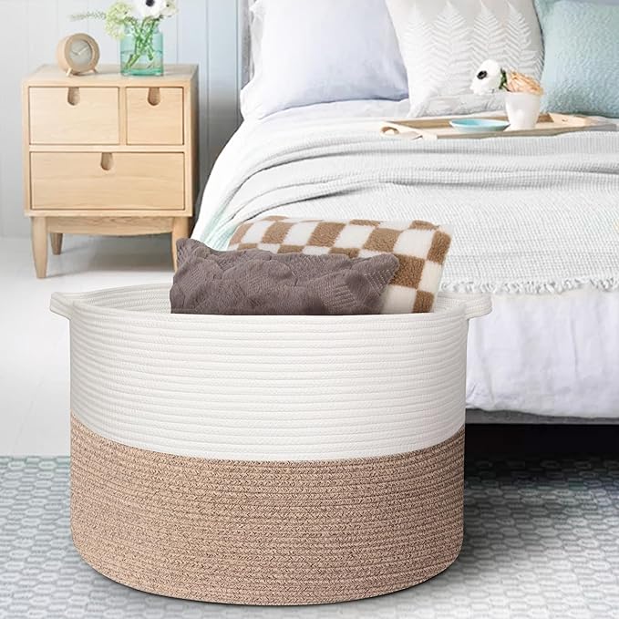 115L Super Large Blanket Basket, Oversized Organizer, Cotton Rope Woven Bin, XXXL Jumbo Basket for Blankets for Living Room, 23.6"x15.7", Brown