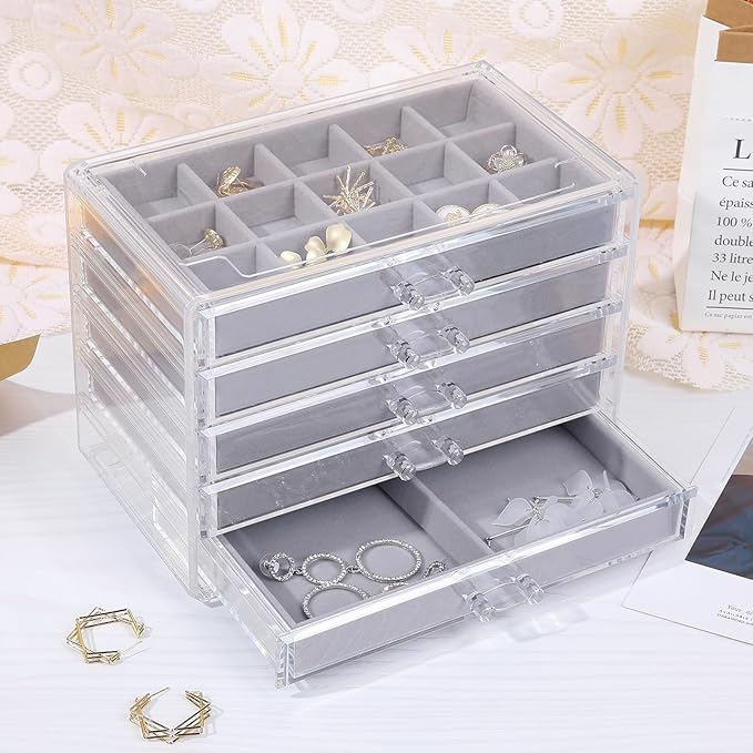 misaya Earring Jewelry Organizer with 5 Drawers, Birthday Present, Clear Acrylic Jewelry Box for Women, Velvet Earring Display Holder for Earrings Ring Bracelet Necklace, Gray