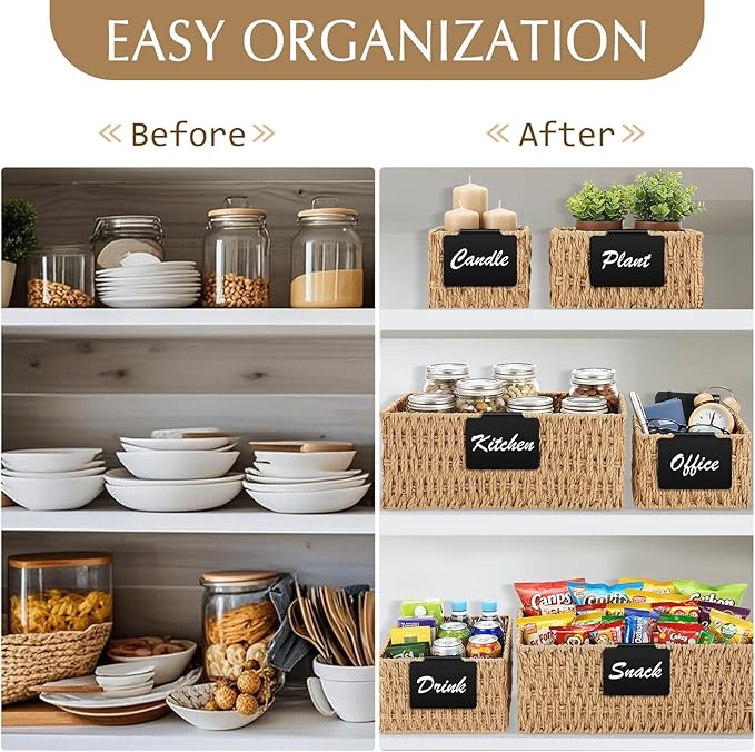Marsui 6 Pcs Wicker Storage Baskets with Labels Handwoven Paper Rope Multi-size Natural Wicker Storage Bins for Organizing Small Baskets Container for Shelves Closet Pantry Toilet(Natural)