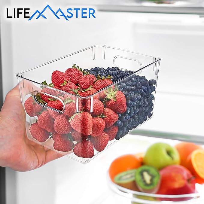 Lifemaster Multi-purpose Refrigerator Bins - 8 pieces Large Capacity Stackable Fridge Bin Organizer with Easy Grip Handles - Clear