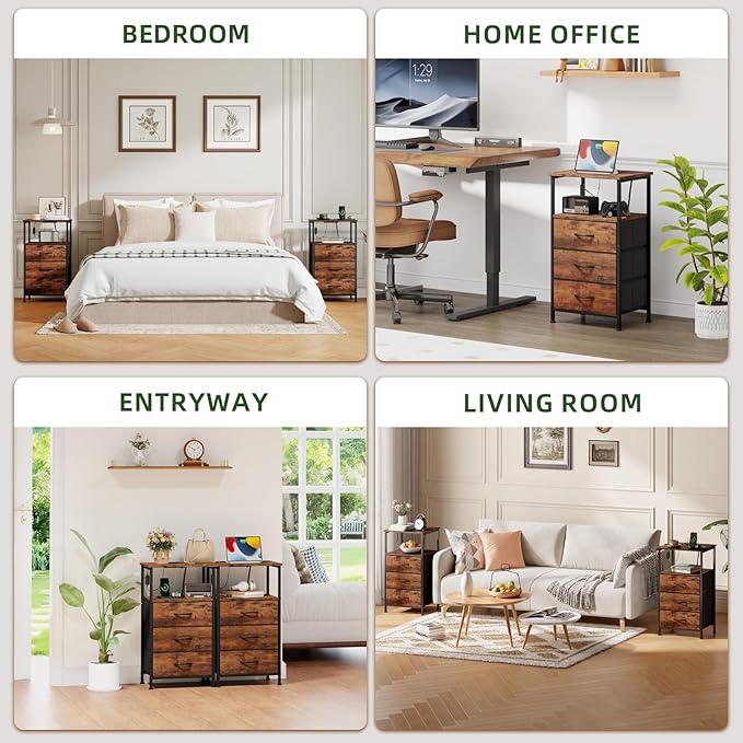 Somdot Tall Nightstand with Charging Station and LED Light for Bedroom, 3 Drawers Dresser with Fabric Bins for Bedside Kids Dorm Room Closet Laundry Entryway, Wood Grain Print