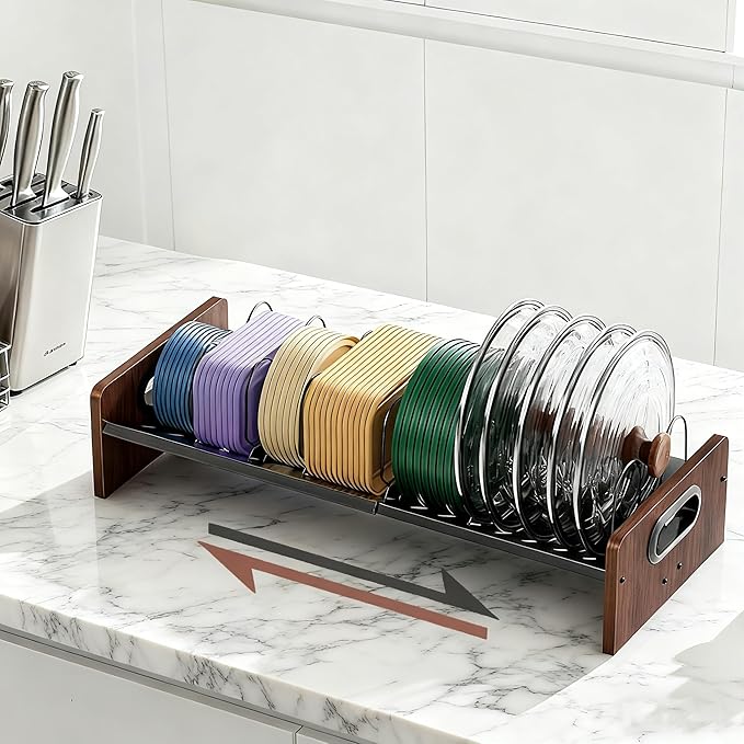Expandable Food Container Lid Holder Organizer, Adjustable 13.97-22 Inch V-Shaped Kitchen Cabinet Storage Rack with 20 Slots & 6 Adjustable Dividers for Lids, Cutting Boards, Baking Pans