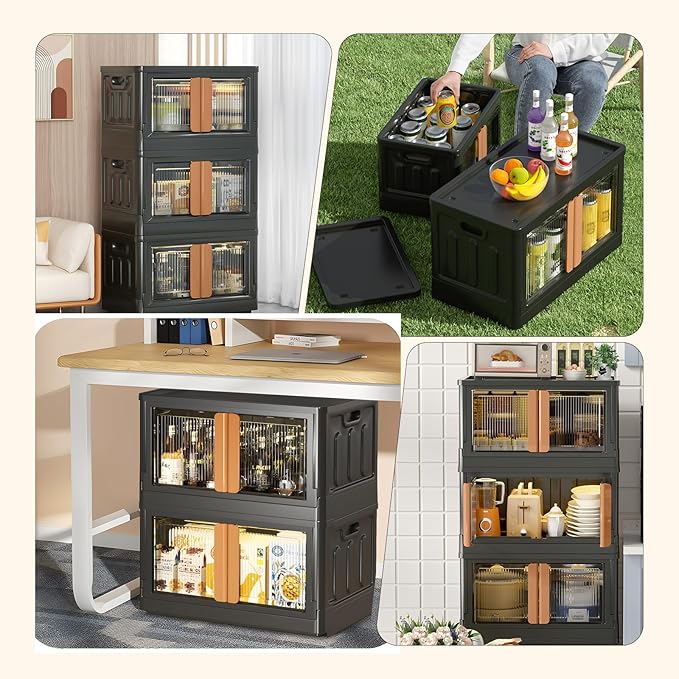 FAHKNS 3 Pack 8.4 Gallon Collapsible Storage Boxes, Lidded Storage Box with Door and Wheels for Books, Towels and Toys, Folding Storage Box for Home, Black