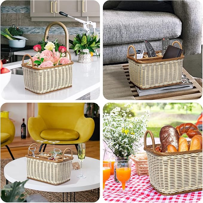 Wicker Flatware Organizer, Cutlery Holder for Countertop, Woven Cutlery Storage with Handles, 4 Compartments Utensil Tableware Basket