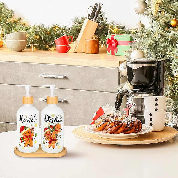 2Pcs Christmas Soap Dispenser Refillable Liquid Container Gingerbread Man Candy Glass Soap Dispenser with Pump for Xmas Holiday Home Kitchen Countertop Decor
