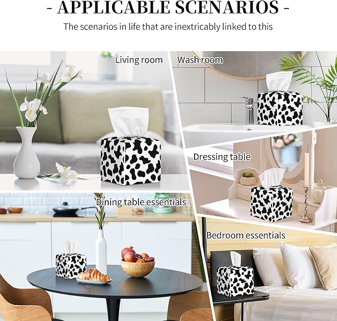 Cow Print Tissue Box Cover Leather Tissue Box Holder Square Facial Paper Organizer Dispenser for Bathroom Kitchen Bedroom Vanity Countertop Night Stands