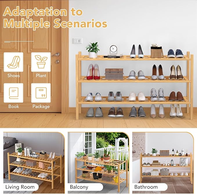 Haddockway Long 3 Tier Bamboo Shoe Rack Storage Organizer,Multifunctional Free Standing Stackable Shoe Shelf with Grid Panel for Closet,Hallway,Entryway,Small Space 34.2"x11"x20"
