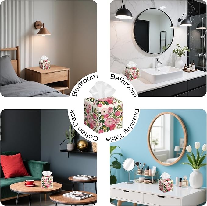 Spring Flowers Bouquet Tissue Box Cover Square,Tissue Box Holder with Belt Bottom,Stylish Leather Napkin Holder for Vanity Countertop,Nightstands,Office Desk,5.2"Ã5.2"Ã5.2"