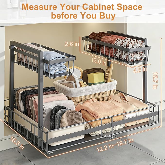 Under Sink Organizer, 2 Tier Metal Under Sink Organizers and Storage, Adjustable Slide out Pull out Cabinet Organizer Shelf for Kitchen Bathroom Pantry Cabinet