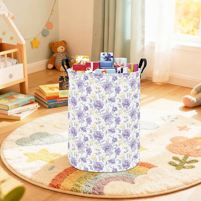 HUNRUNG Laundry Hamper,Large Canvas Fabric Lightweight Storage Basket Toy Organizer Dirty Clothes Collapsible Waterproof for College Dormsï¼Round-Purple Flowersï¼