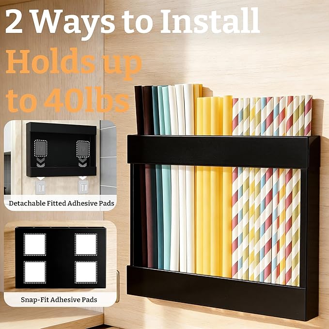 9.5” Large Acrylic Straw Holder for Cabinet Door with Ultra Sticky Adhesive Squares and Stickers, 2026 Reusable Straws Organizer Storage Dispenser for Kitchen Counter Cupboard