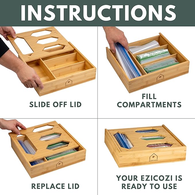 Durable Storage Solution with Kitchen Drawer Organizer - Durable Bamboo Material, 4 Storage Compartments, For Ziplock Gallon, Snack, Sandwich, and Quart Bags, Complete with Label Stickers