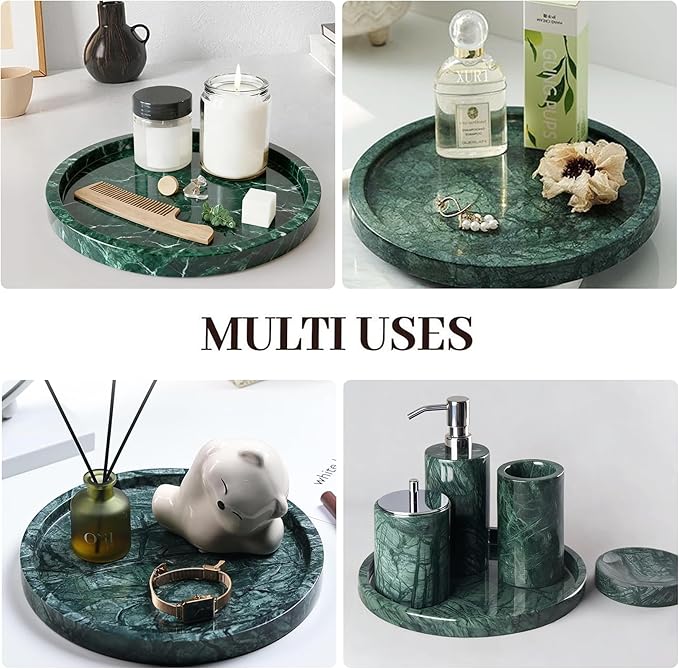 Natural Marble Tray, Round Green Tray for Bedroom/Bathroom/Kitchen/Vanity Countertop, Jewelry Tray for Rings Earrings Necklace Bracelet Watch, Room Decor Aesthetic