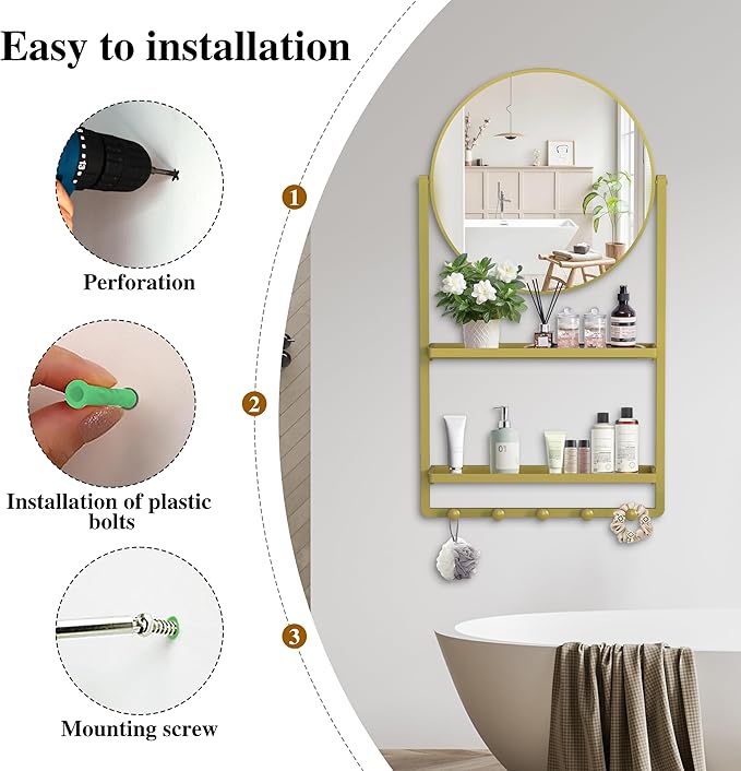 WONSTART 39.5" × 21.7" Gold Round Wall Mirror with Shelf and Hooks, 10° Adjustable Tilt Metal Frame Bathroom Mirror with Shelf for Bedroom, Entryway, Living Room