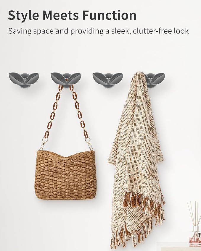 Decorative Coat Hooks Wall Mount, Unique Wall Decor Hooks for Hanging Towel Key Purse Hat Robe Clothes Cute Dual Leaves Hanger Hook for Bathroom Shower Closet Entryway Dark Gray 4 Pack