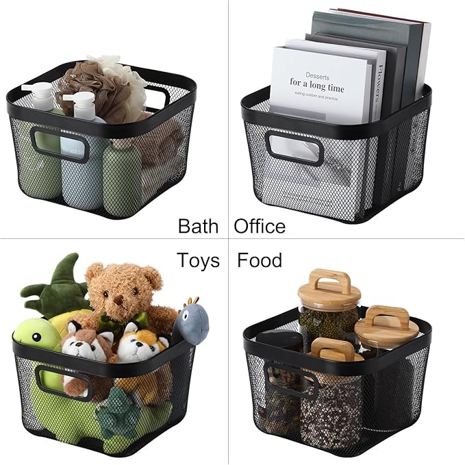 6 Pack Metal Mesh Basket with Hollow Handles Black Wire Storage Bin for Organizing Stackable Metal Fine Mesh Basket for Pantry Bathroom Kitchen Cabinets Shelves (Medium)
