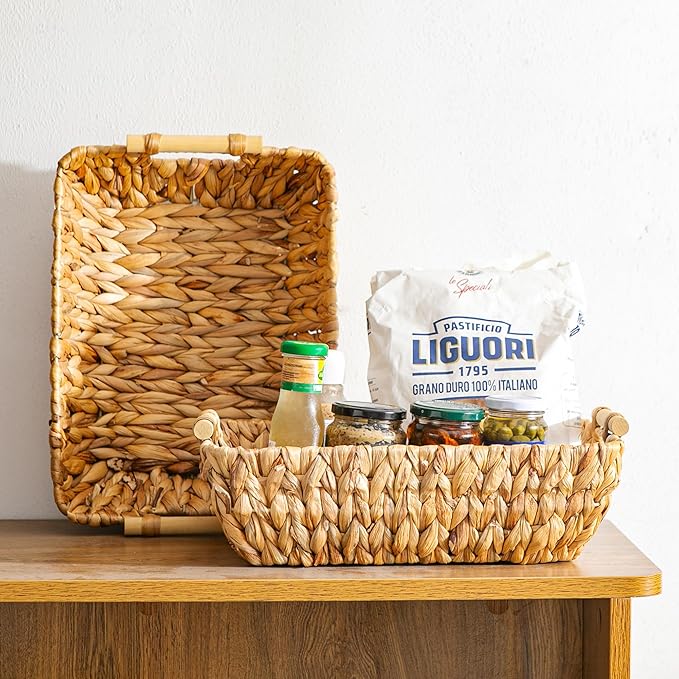 Woven Storage Baskets â Set of 2 Handwoven Water Hyacinth Wicker Baskets with Wooden Handles for Organizing, Decorative Baskets for Laundry Room, Home Decor - 2 Medium