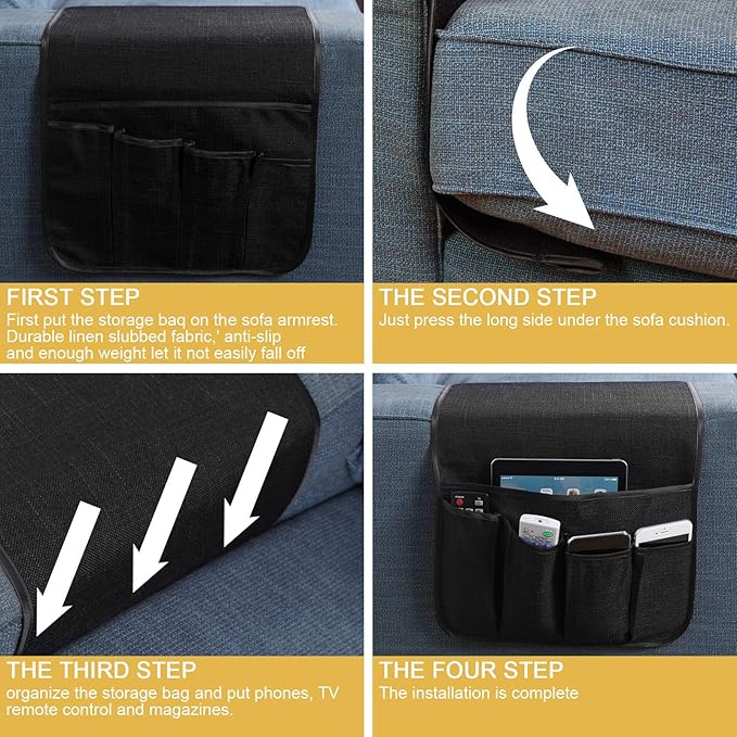 Sofa Armrest Organizer Non-Slip Remote Control Holders for Recliner Couch Chair Armchair Caddy with 5 Pockets for Table,Cell Phone,Ipad,Magazines,Books (13x35In, Black)